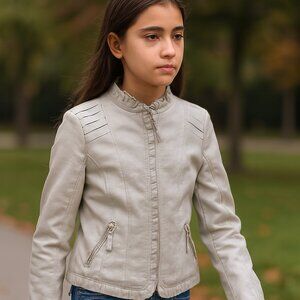 Girls Size Med Cream Faux Leather Moto Jacket Size Med
